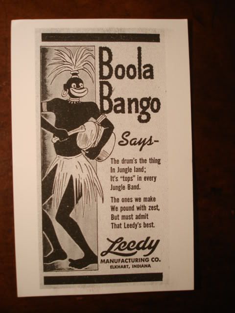 1940s LEEDY DRUM RACIST DOWNBEAT AD BOOLA BANGO AFRICAN UBANGI DRUMMER