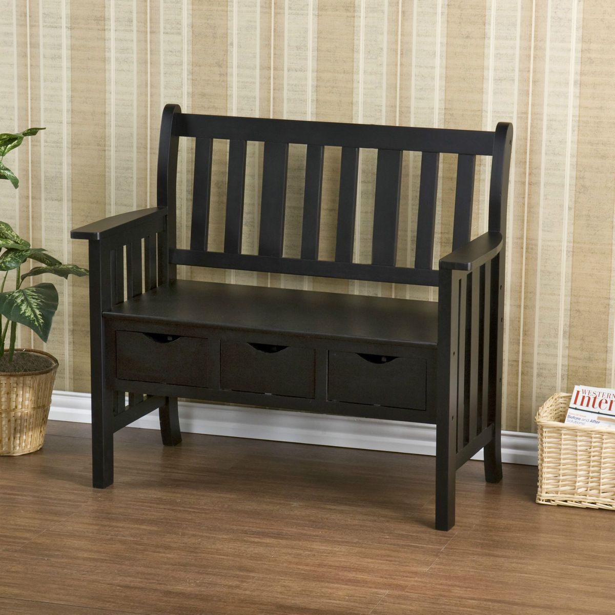 Drawer Black Country Bench 3 Storage Drawers Seat Entryway Foyer