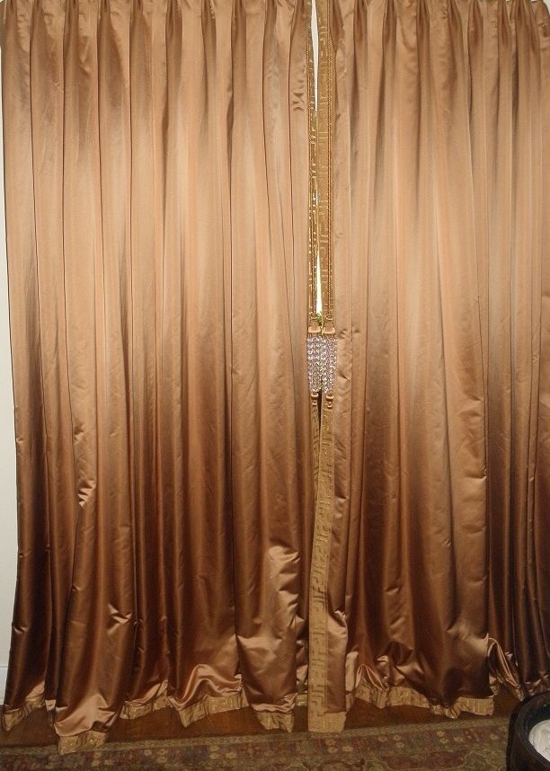 Spectacular Pair Quatrain Silk Drapes w Greek Key Massive Rock Crystal