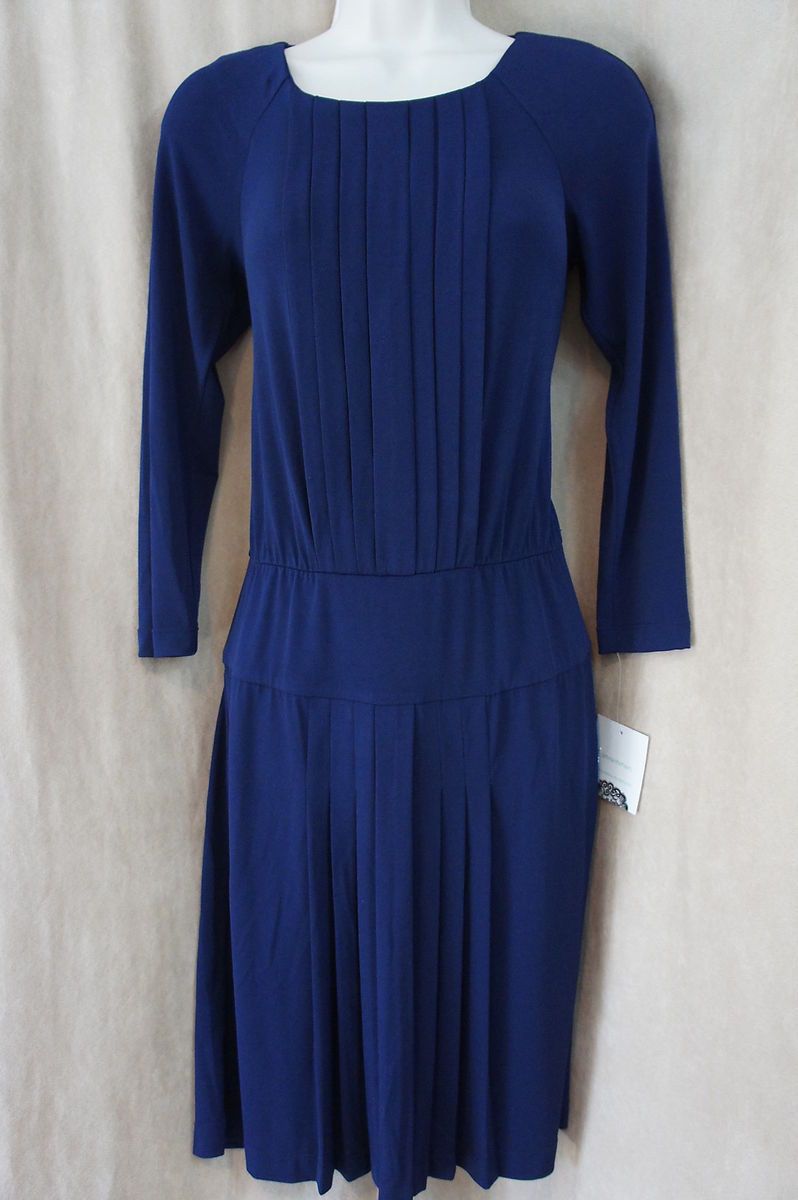 Donna Morgan Dress Sz 12 Navy Long Sleeve Low Drop Waist Accordian Hem