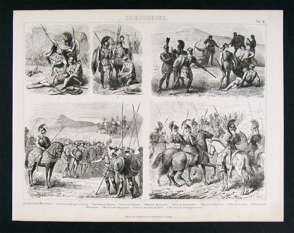 1874 Print Ancient Greek Warrior Athens Sparta Military