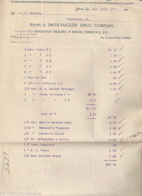 1896 Smith Dugger Drug Co Atlanta Georgia Billhead