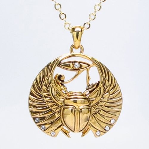Egyptian Amulet Scarab Wings Necklace Fashion Jewelry Alloy Gold Tone
