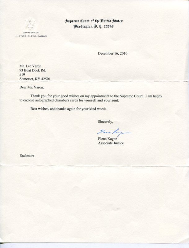 Elena Kagan US Supreme Court Justice RARE Signed Autograph TSL Letter