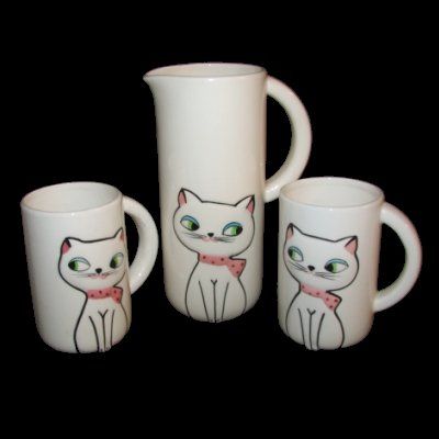 Vintage Holt Howard Cozy Kitten Pixie Pitcher & 2 Mugs   RARE PITCHER