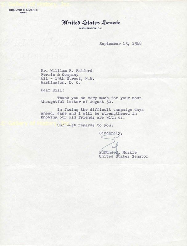 Edmund s Muskie Typed Letter Signed 09 13 1968