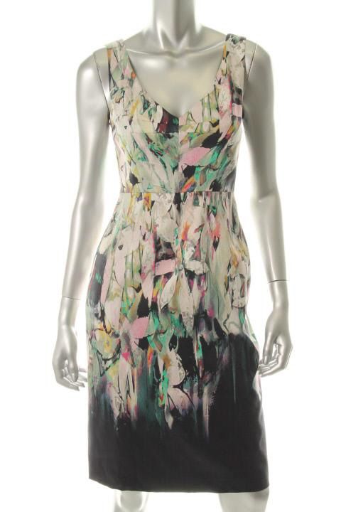 Elie Tahari Camellia Blue Printed V Neck Sleeveless Wear to Work Dress