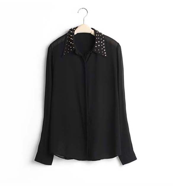 New Sheer Chiffon Punk Embellished Rivet Stud Collar Womens Blouse