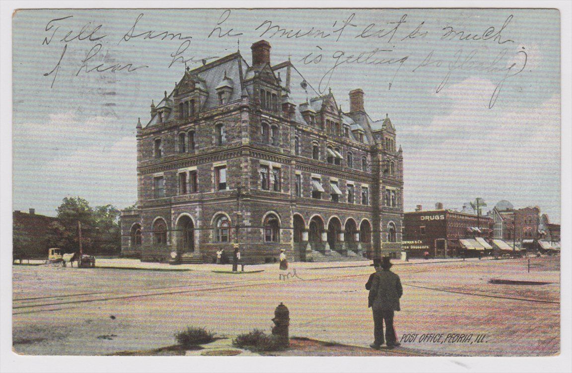 Peoria Illinois IL 1908 Postcard View of Post Office