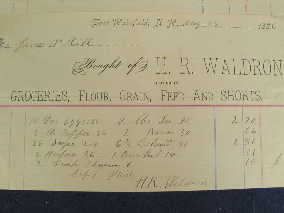 Grocery Receipts H R Waldron East Wakefield NH 1886