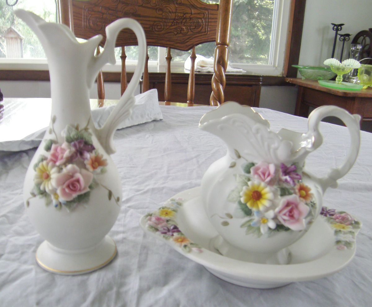Vintage Lefton China Miniature Bowl and Pitcher Applied Flowers Pair