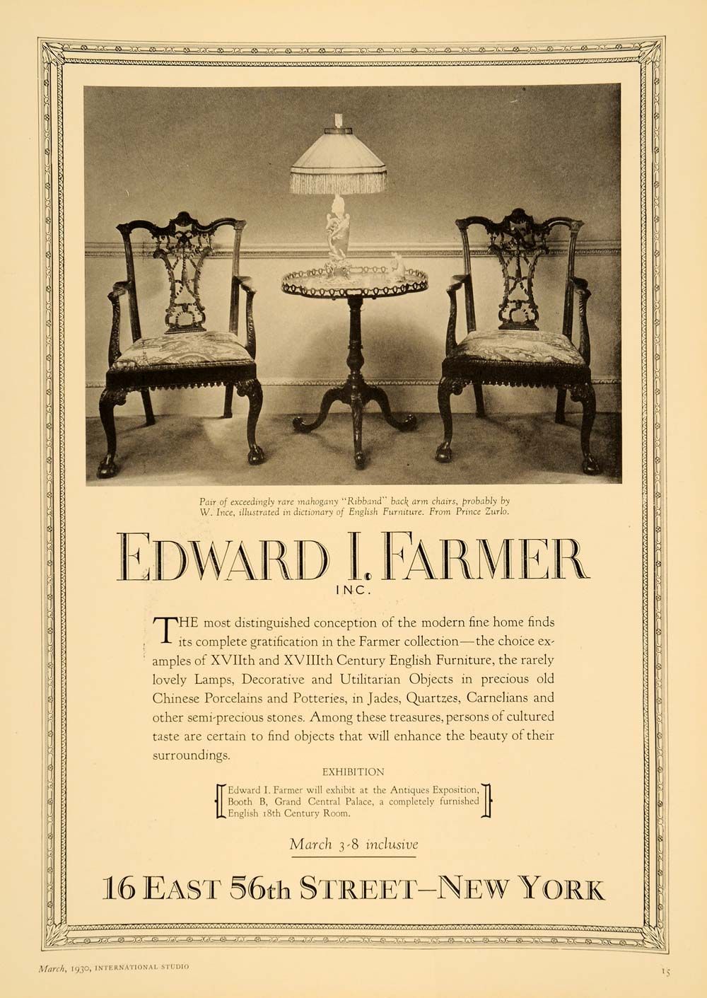 1930 Ad Edward I. Farmer Antique Ribband Back Arm Chair   ORIGINAL