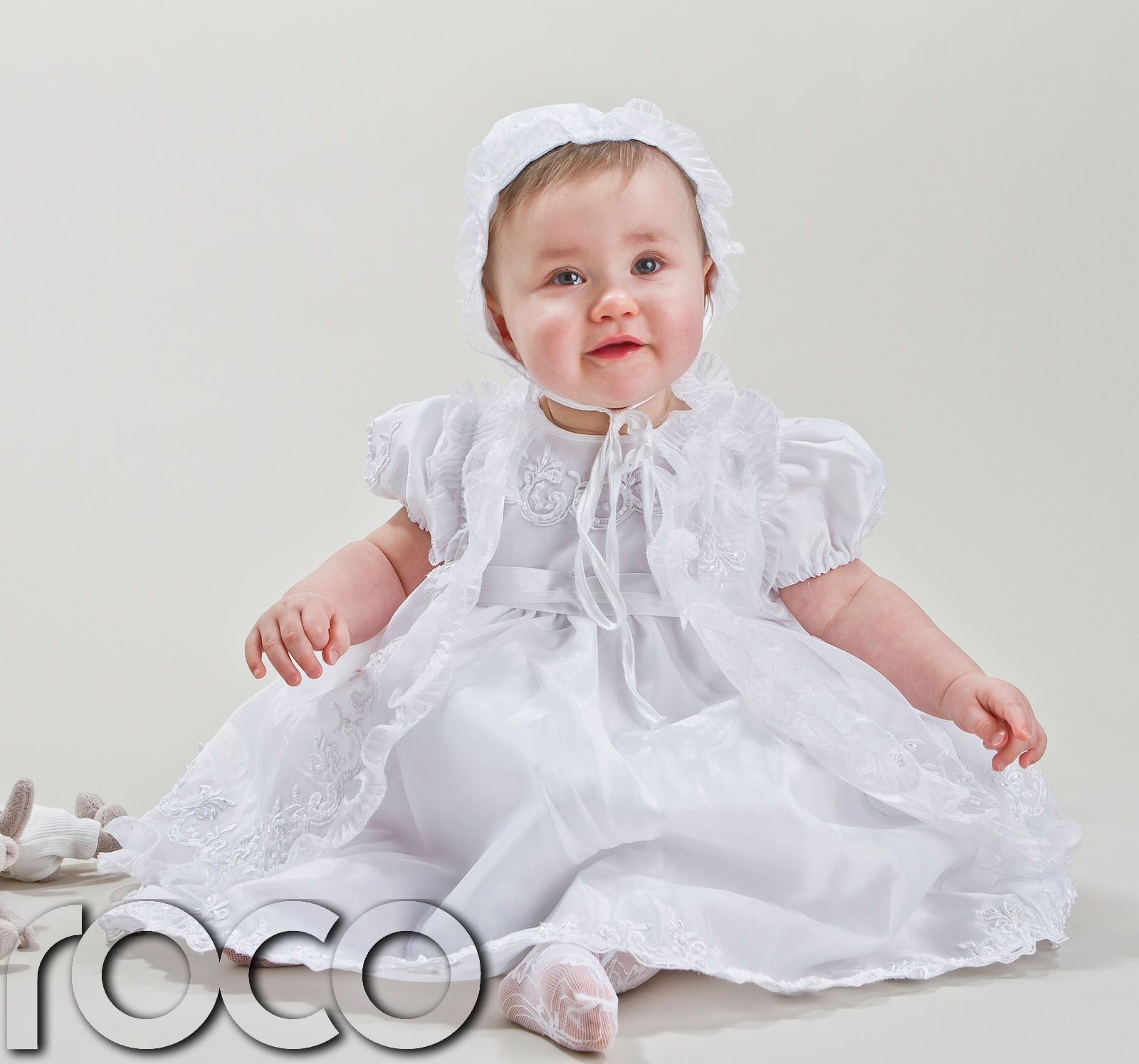 Baby Girls White Ivory Christening Dresses Embroidered Dress Bonnet