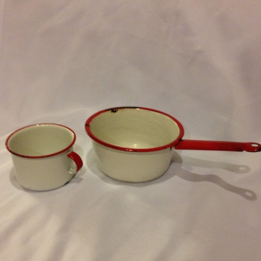  Sauce Pan Small Cook Pot Red White Camping Enamel Metal