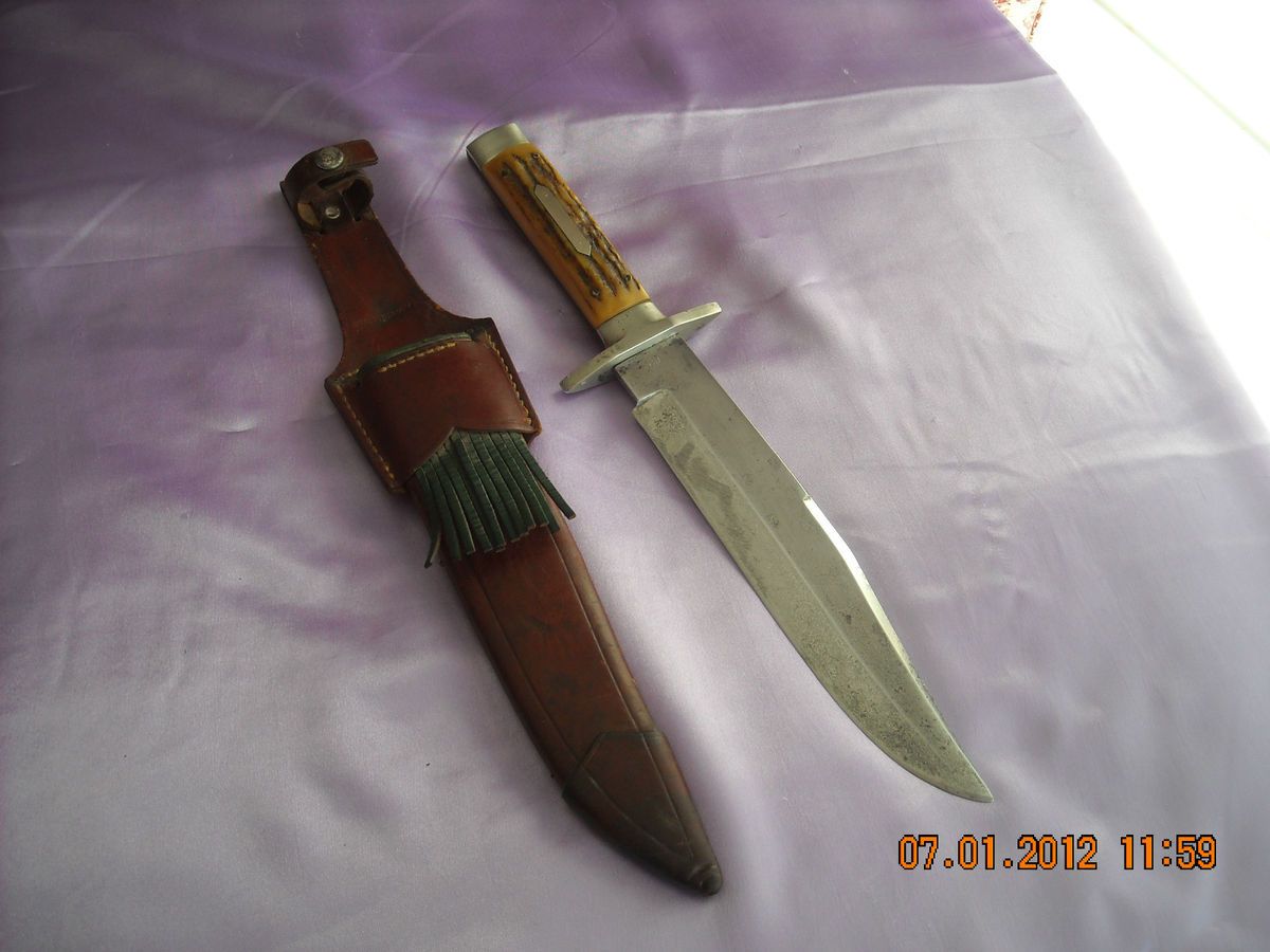 VINTAGE FABYAN KNIFE CO STAG HANDLE BOWIE KNIFE W SHEATH RARE