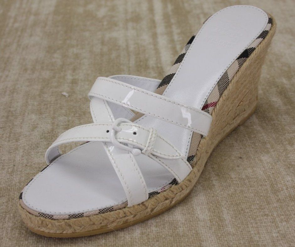Burberry White Patent Espadrille Sandals Size 10 Strappy Nova Check