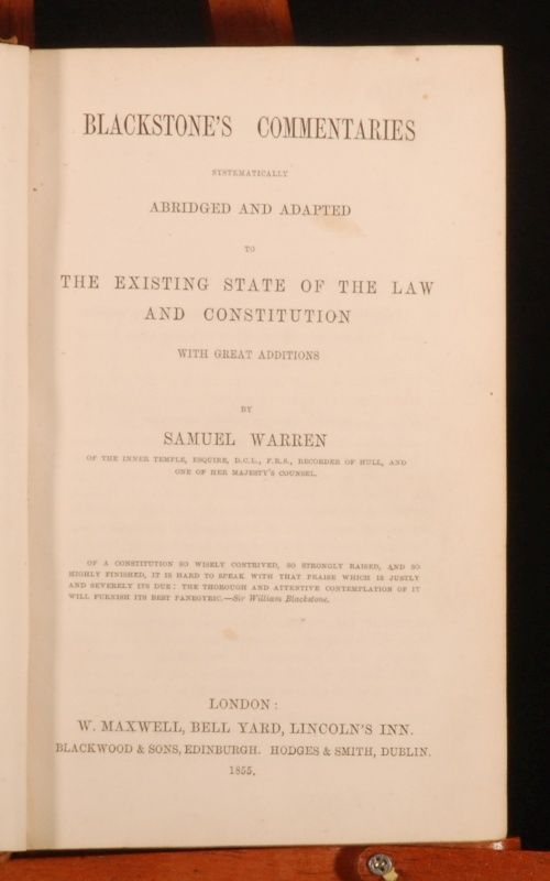 1855 Blackstones Commentaries by Samuel Warren