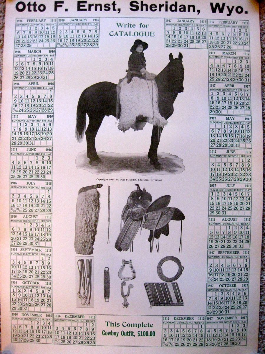 RARE Otto F Ernst Sheridan Wyoming 1914 Calendar Western Cowboy Saddle
