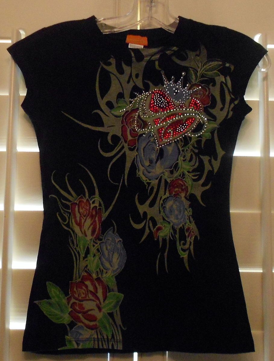 Embellished Womens T shirt w Crown Heart Roses Rhinestones Sz S