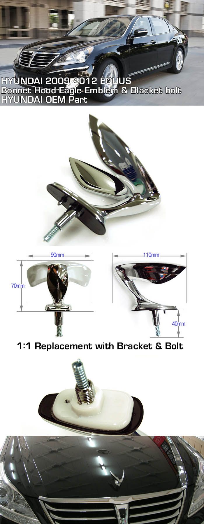 hyundai 10 11 12 equus top hood eagle emblem bracket