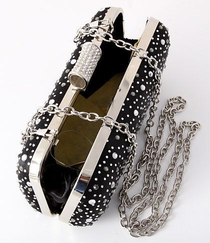 Glitter Black Evening Clutch Bag Silver Tone Frame Austrian Crystal