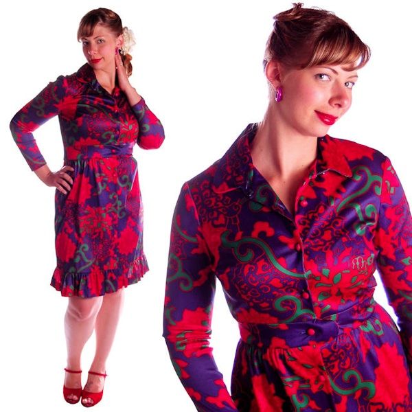 Vintage Dress 1970s Emilio Borghese Print Size 10 12