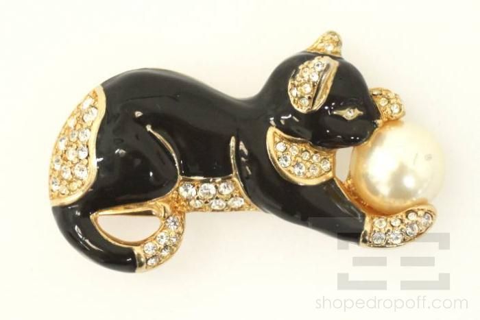 swarovski black enamel crystal cat brooch