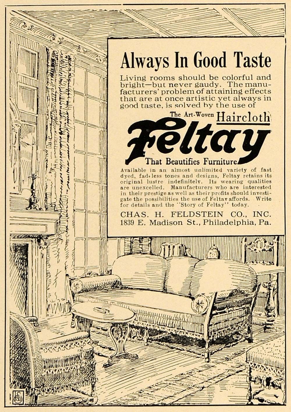  Furniture Haircloth Feltay Chas. H. Feldstein   ORIGINAL ADVERTISING