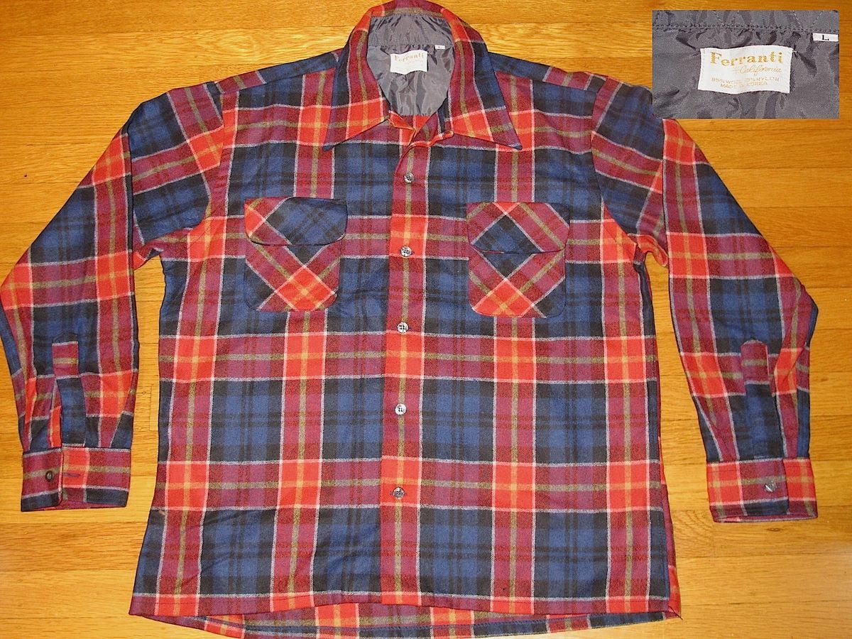 VTG SHIRT FERRANTI OF CALIFORNIA WOOL LOOP COLLAR PLAID ROCKABILLY