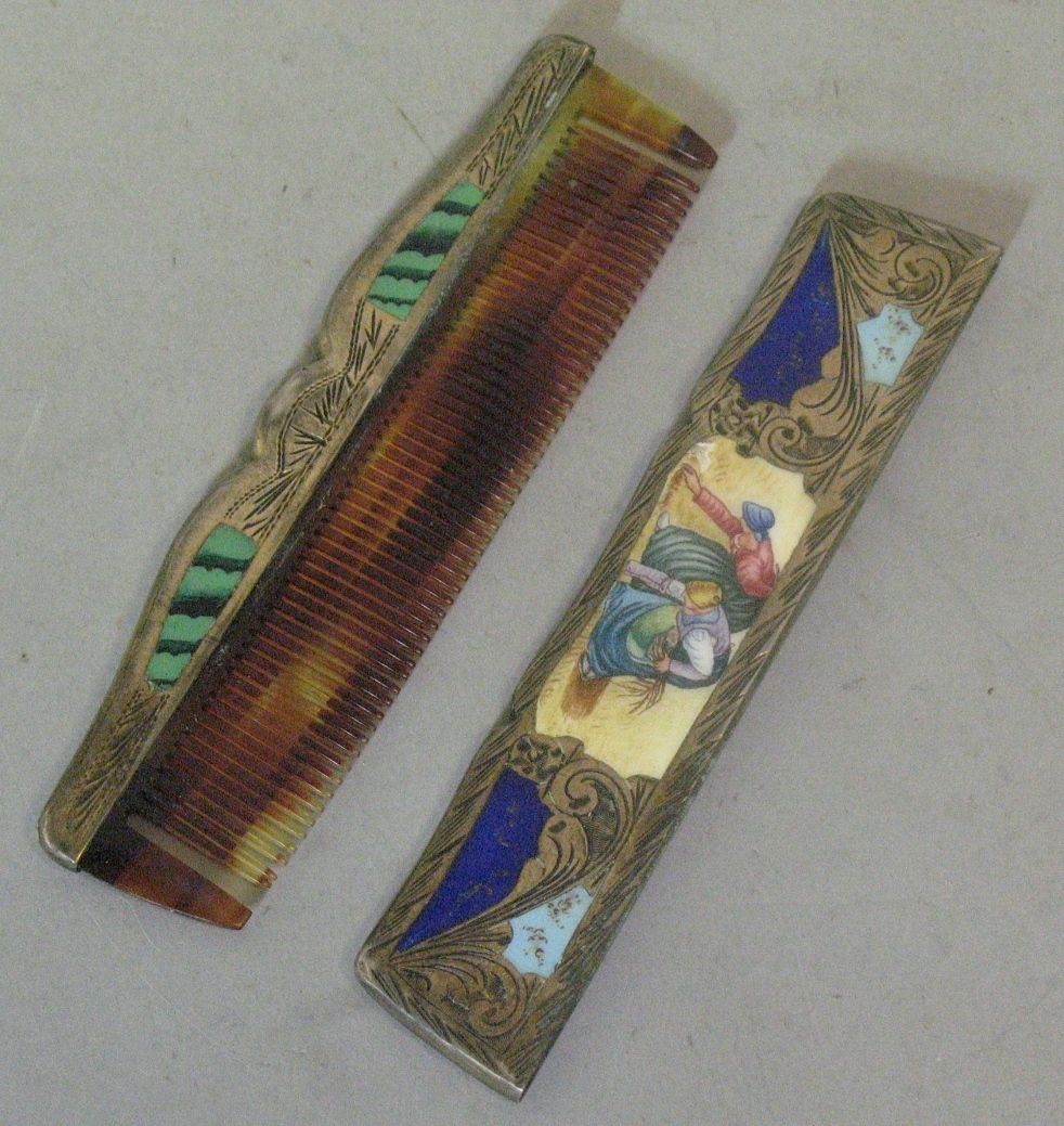 Vintage Fallaci Italian Enameled Chased Silver Comb C 1950s Vanity Set