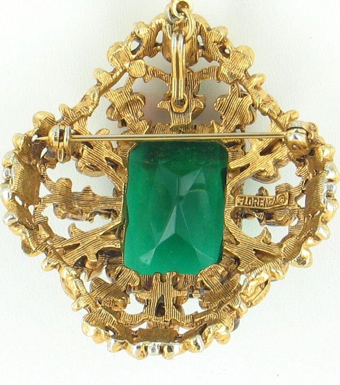 Spectacular Vintage Florenza Faux Emerald Necklace Pin