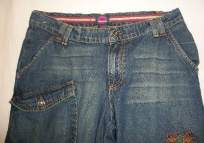 Fiorucci Sz 13 Embroidered Button Flap Capri Jean Pant Whisker Cargo