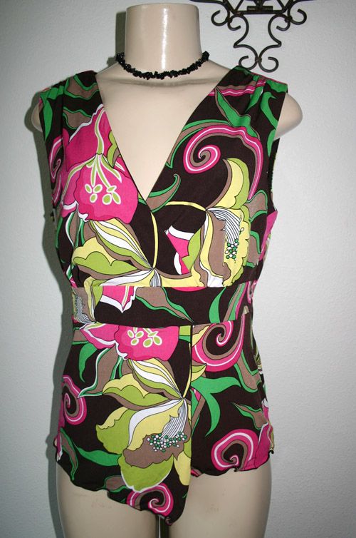 Cato Sz s Brown Pink Green Floral Print Wrap Bust Asym Hem Sleeveless