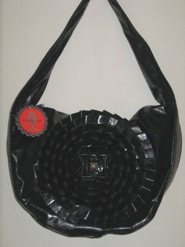 Nicole Lee Black Ruffle Flower Large Hobo Handbag