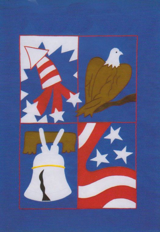 This patriotic 4th of July flag features a rocket blasting off,