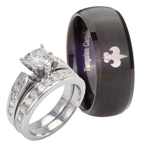  925 Heart CZ & Tungsten Black Satin Fleur De Lis 3 pcs Ring Set