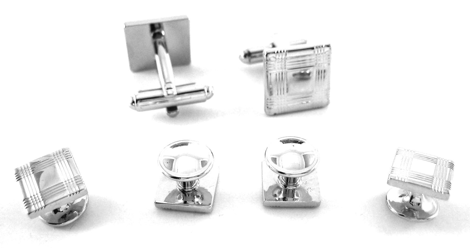  Polished Rhodium Plaid Square Tuxedo Cufflink and Stud Set