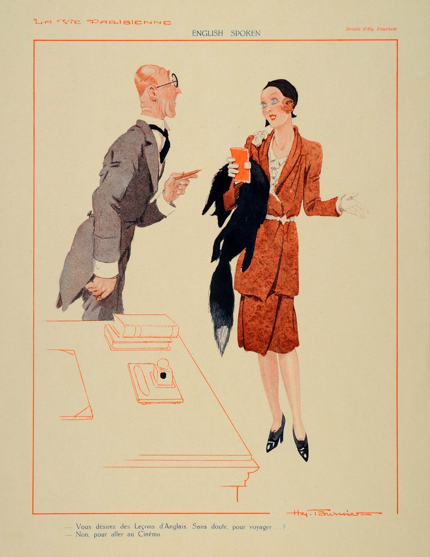 1930 French Print Art Deco Woman Fashion Hy Fournier   ORIGINAL