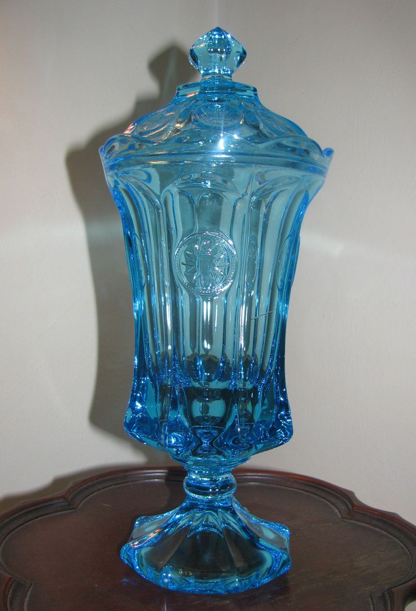 Vintage Fostoria Blue Coin Glass Footed Urn 13 Mint Condition