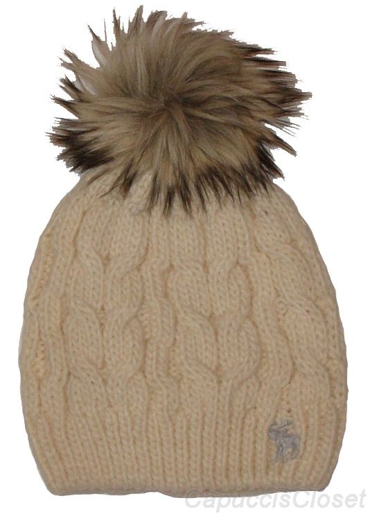 Abercrombie Fitch Womens Hat Cable Knit Faux Fur Pom Pom Beanie Cream