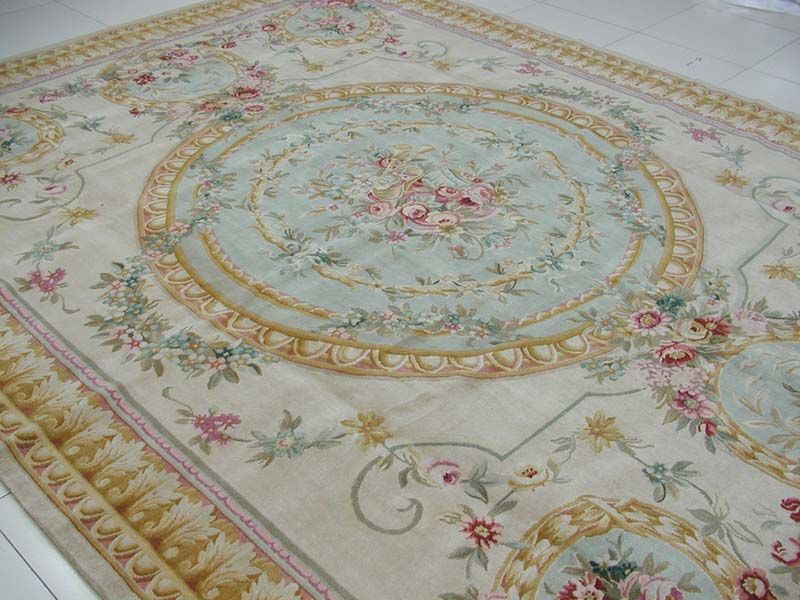  Knotted Thick and Plush French Savonnerie Green Gold Blue Area Rug