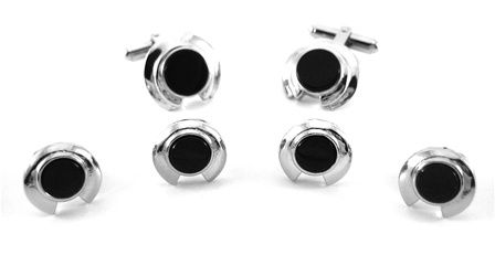 Silver Black Winged Tuxedo Formal Cufflinks & Stud Set