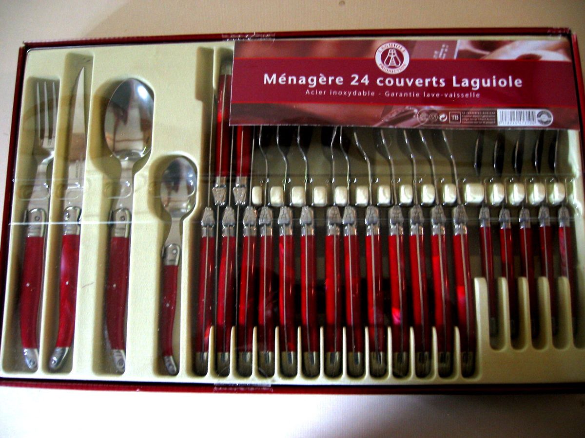 24 PIECE RETRO RED HANDLE MENAGERE COUVERTS LAGUIOLE FLATWARE SET