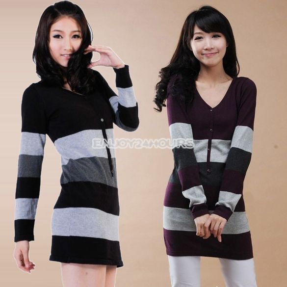 Fashion New Women Girl Stripe Button V Neck Long Sleeves Knit Sweater