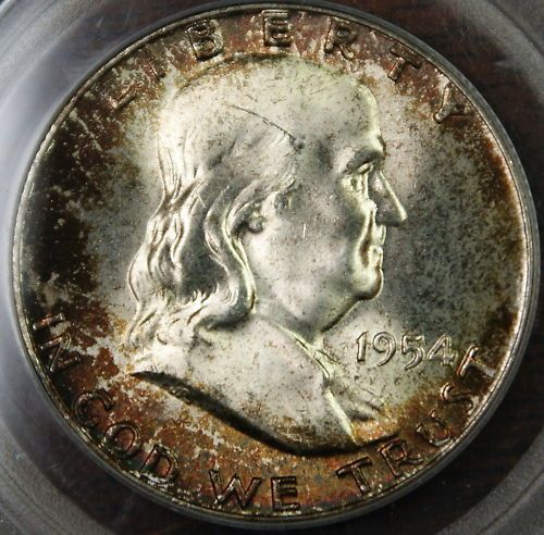 1954 Franklin Half Dollar PCGS MS 65 FBL Toned