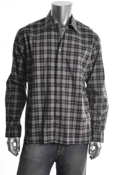 Hickey Freeman New Black Plaid Long Sleeve Spread Collar Button Down