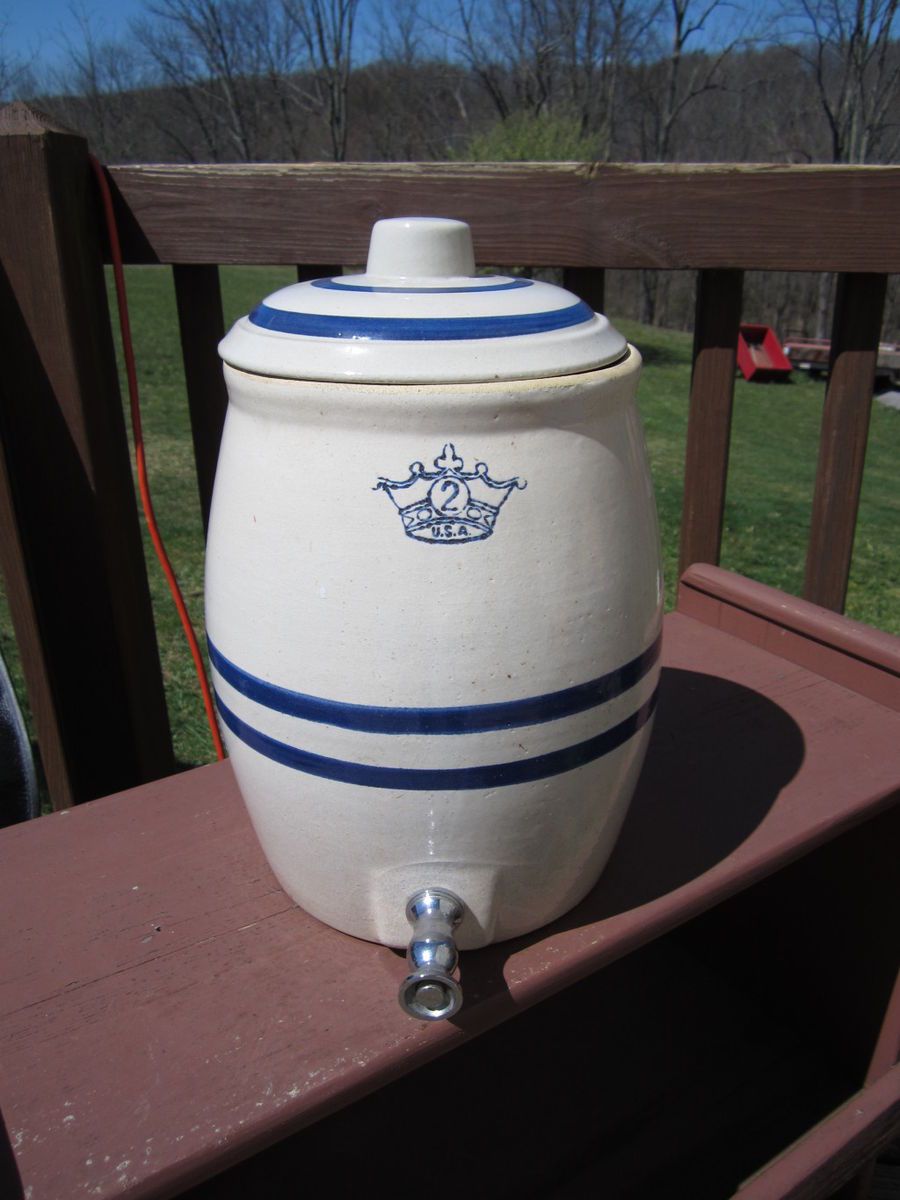 Antique #2 Blue Banded Stoneware Crock Ransbottom Jug w/Lid & Central