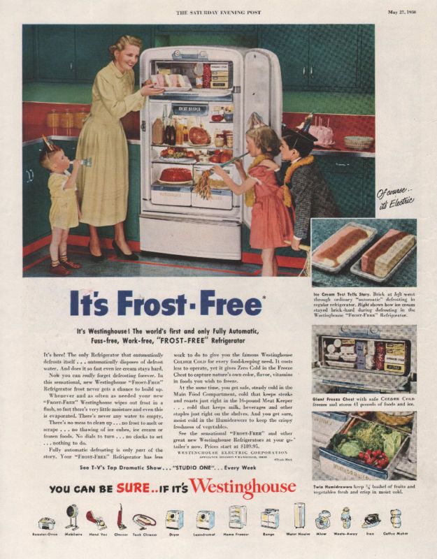 1950 Vintage Westinghouse Frost Free Refrigerator Ad