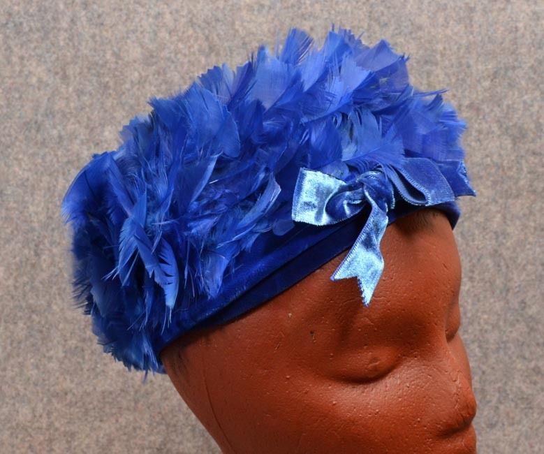 Vintage Womens Hat Blue Feather Frank Palmer Mad Men 1950