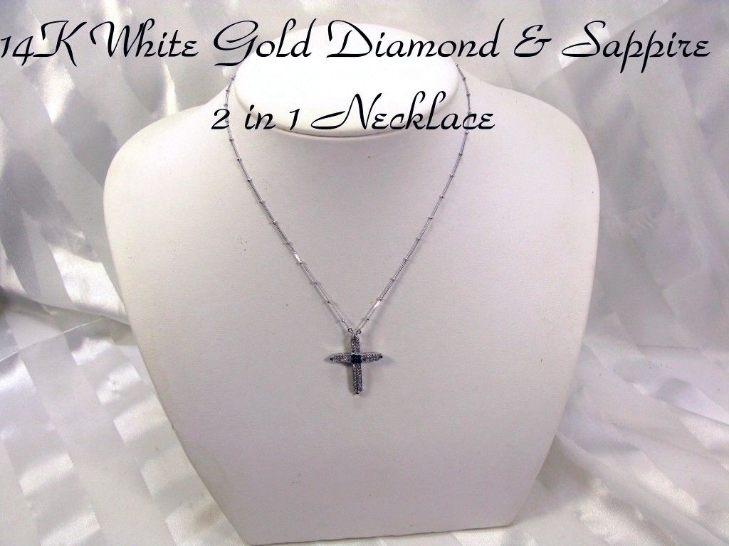 14k w G Diamond Sapphire Convertible Cross Pendant Necklace